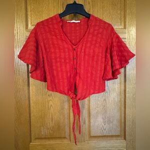 Impeccable Pig Red Tie Front Crop Top Ruffle Sleeve Button Shirt L